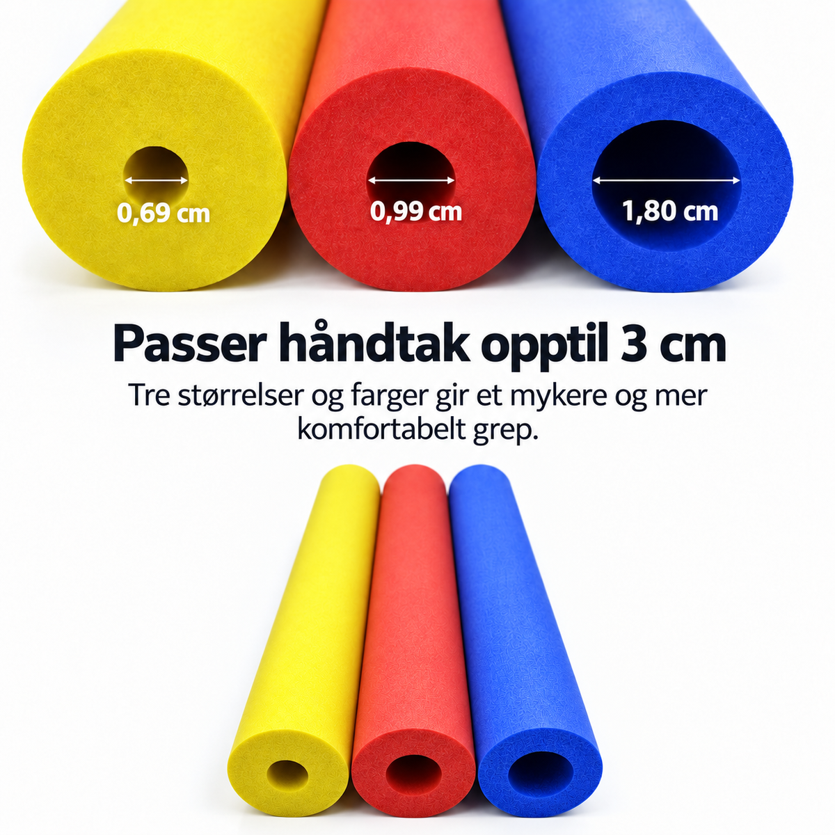 Ergonomiske grepshylser i tre størrelser – gul 0,69 cm, rød 0,99 cm, blå 1,80 cm innerdiameter, passer håndtak opptil 3 cm