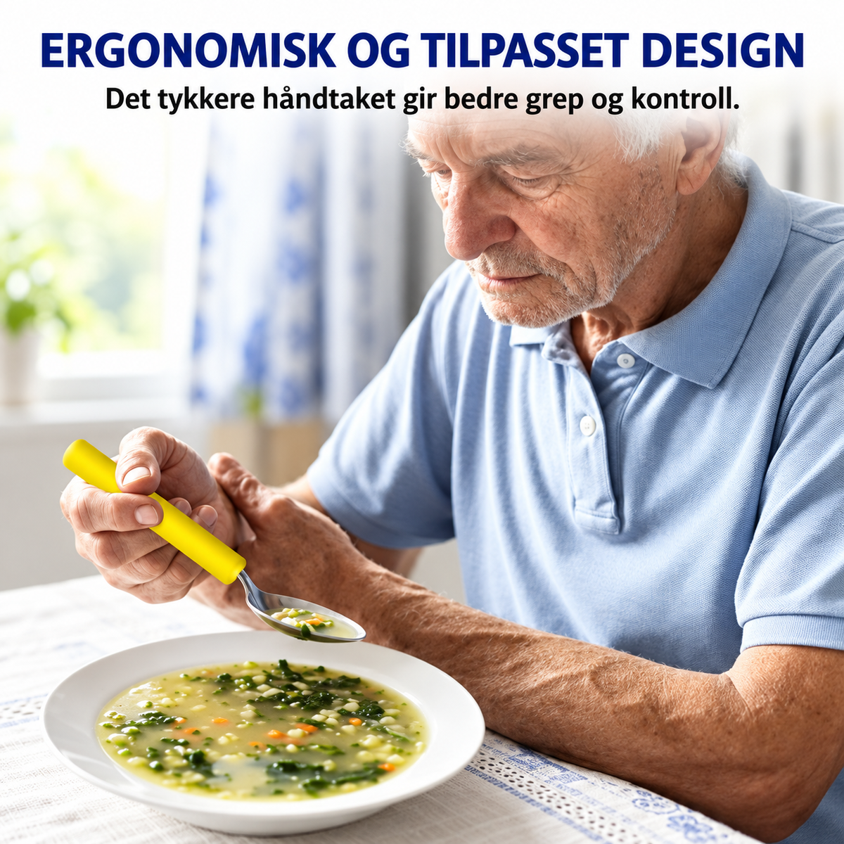 Ergonomisk grepshylse i bruk på skje – tykkere håndtak gir bedre grep og kontroll