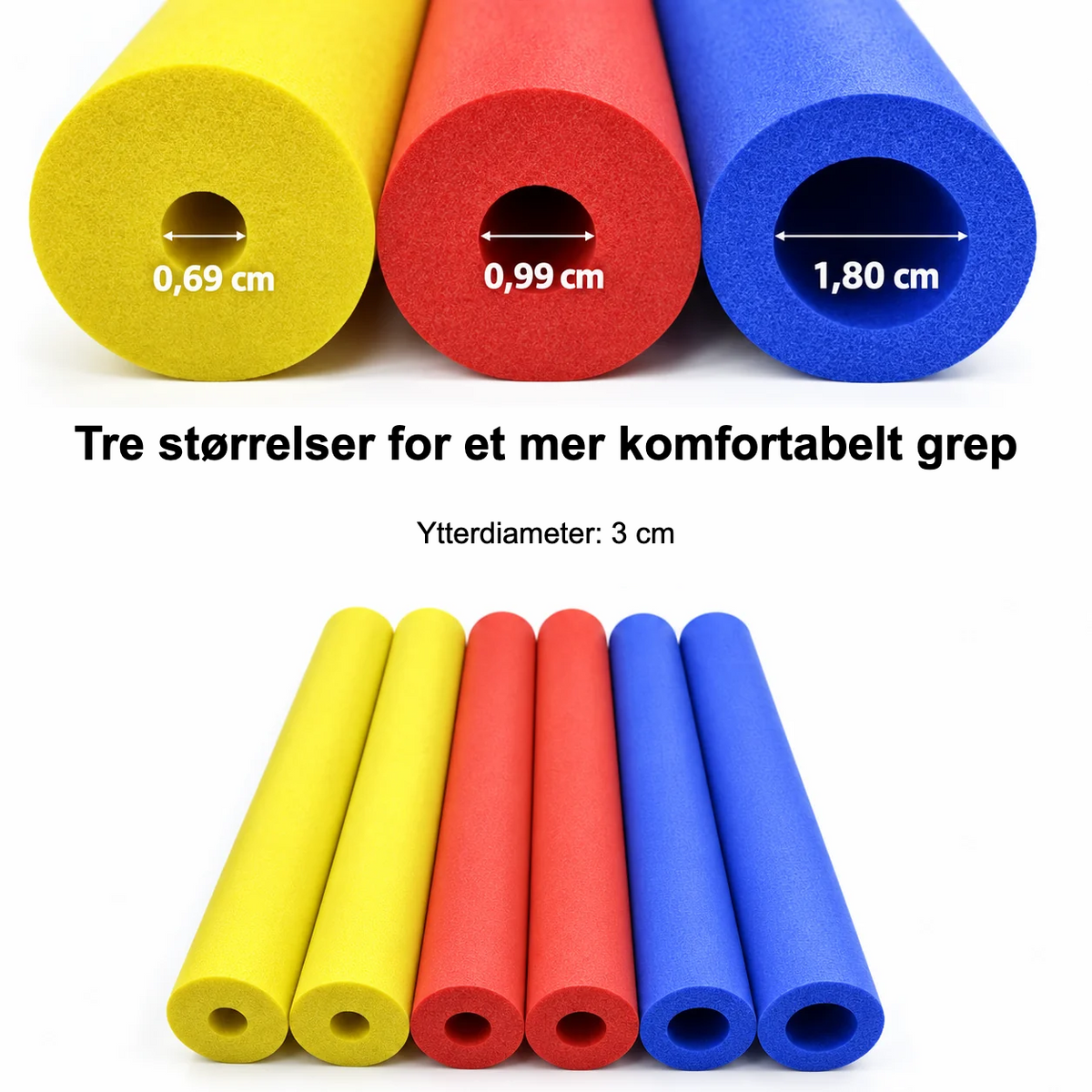 Ergonomiske grepshylser i tre størrelser – gul 0,69 cm, rød 0,99 cm, blå 1,80 cm innerdiameter, ytterdiameter 3 cm